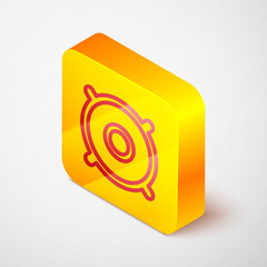 Isometric line Car audio speaker icon isolated on grey background. Yellow square button. Vector