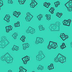 Black line Clipboard with dental card or patient medical records icon isolated seamless pattern on green background. Dental insurance. Dental clinic report. Vector