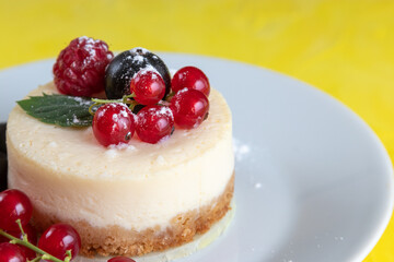 Baked homemade cheesecake with red and black currant close-up on a white plate and yellow background.