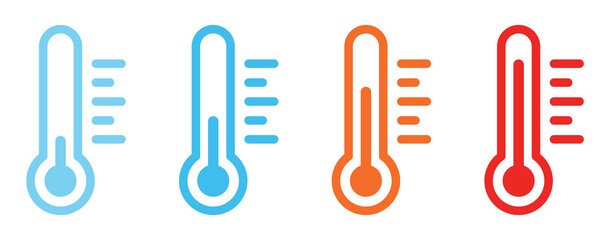 Temperature symbol set. Thermometer or temperature gauge icons showing different temperatures from cold to hot. Isolated vector symbols.