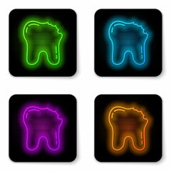 Glowing neon line Broken tooth icon isolated on white background. Dental problem icon. Dental care symbol. Black square button. Vector