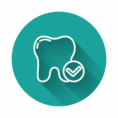 White line Tooth whitening concept icon isolated with long shadow. Tooth symbol for dentistry clinic or dentist medical center. Green circle button. Vector