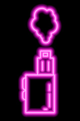 Silhouettes of electronic vape with steam on a black background. Pink neon icon. Illustration