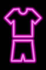 Pink neon outline of a T-shirt with shorts on a black background. Summer, sportswear. Illustration