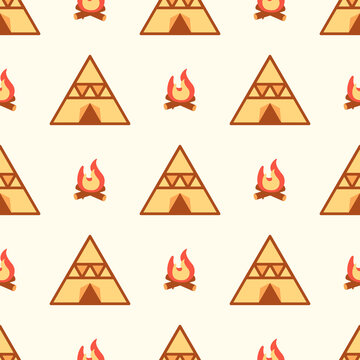 Seamless pattern of native tent camping and campfire in flat style. ready to use for cloth, textile, wrap and other.