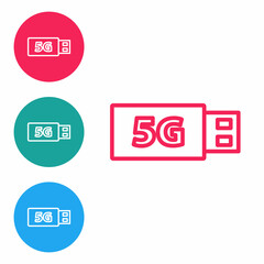 Red line 5G modem for fast mobile Internet icon isolated on white background. Global network high speed connection data rate technology. Set icons in circle buttons. Vector