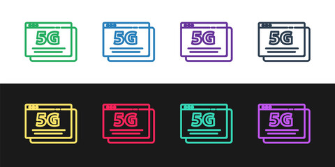 Set line 5G new wireless internet wifi connection icon isolated on black and white background. Global network high speed connection data rate technology. Vector