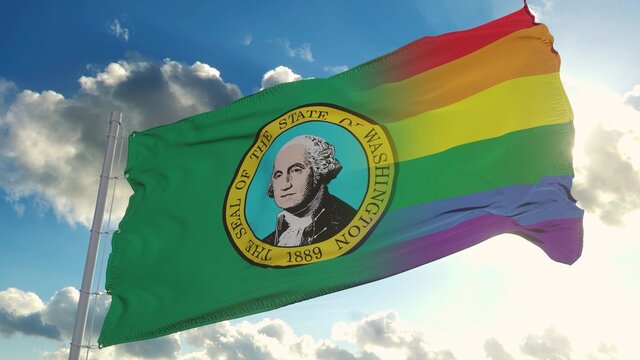 Flag of Washington and LGBT. Washington and LGBT Mixed Flag waving in wind. 3d rendering