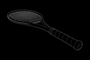 3D wireframe perspective tennis racket. Vector illustration on black background