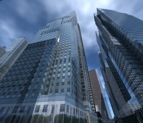 Obraz premium Skyscrapers and sky, high-rise buildings bottom view, modern cityscape, 3d rendering