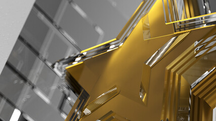 gold star with glass stars on a white and glass background. 3d render