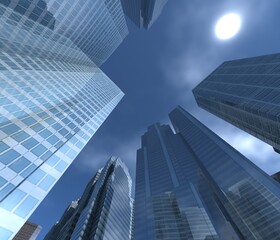 Skyscrapers and sky, high-rise buildings bottom view, modern cityscape, 3d rendering