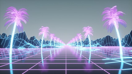 Retro futuristic palm tree alley. Retro 80s style synthwave background. 3d rendering