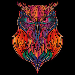 Abstract hand drawn owl in neon tribal tattoo style. Ornamental tribal vector illustration. Rainbow owl sticker on black background. Cartoon abstract bird.