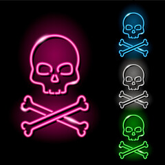 Set of neon skull and crossbones icons in four different colors isolated on black background. Pirates, danger, death, sceleton concept. Night signboard style. Vector 10 EPS illustration.