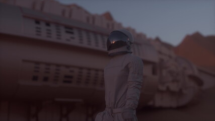 Astronaut wearing space suit walking on the surface of Mars. Exploring mission to Mars. Futuristic Colonization and Space Exploration Concept. 3d rendering