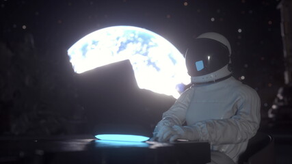 Astronaut works on his science laptop in a space colony on the moon. 3d rendering