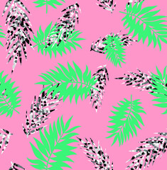 Abstract Hand Drawing Tropical Palm Leaves Seamless Summer Concept Vector Pattern Isolated Background