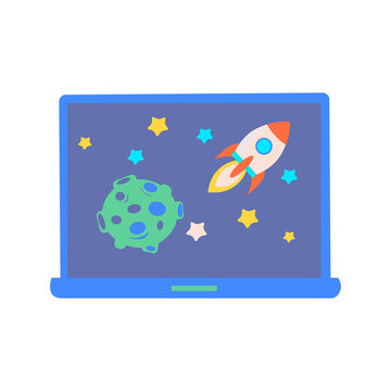 Laptop with educational movie about space