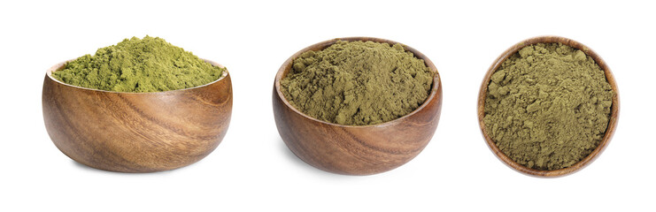 Set with hemp protein powder on white background. Banner design