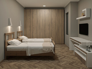 Luxury residential apartment bedroom, hotel room