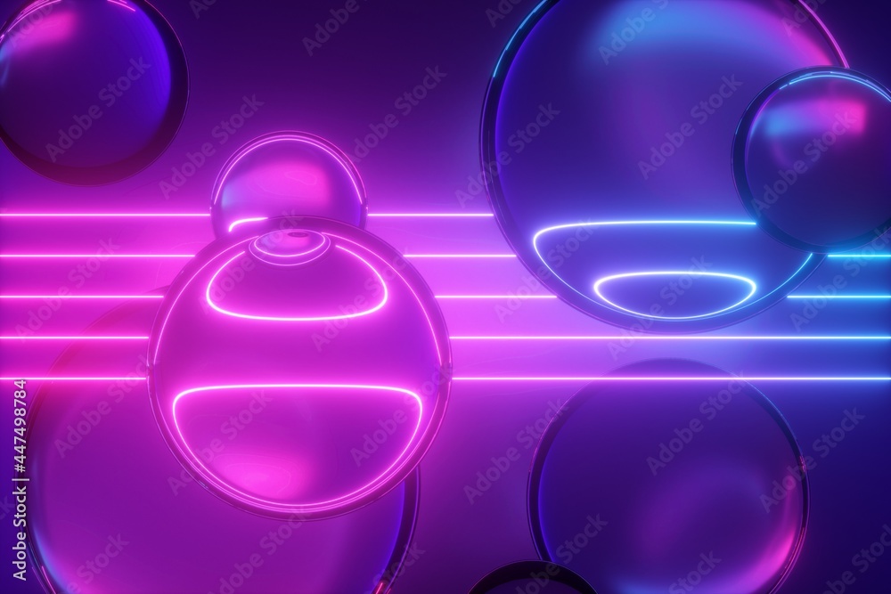 Wall mural 3d render, abstract neon background with glass balls and laser lines. glowing light and translucent 