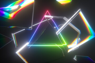 3d render, abstract futuristic background, triangular frame broken glass debris and neon light colorful spectrum, glowing laser rays