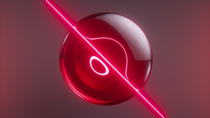 3d render, abstract neon background with glass ball and laser ray, glowing infrared light - obrazy, fototapety, plakaty