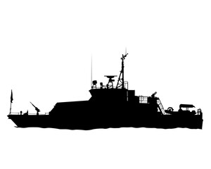 Large warship is sailing on the sea. Isolated silhouette on white background