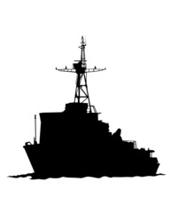 Large warship is sailing on the sea. Isolated silhouette on white background - obrazy, fototapety, plakaty