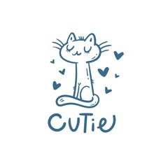 Card with  cute cartoon  cat.  Funny doodle kitten. Vector contour image. Beautiful animal print.