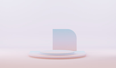 Minimal scene with podium and abstract background. Colorful pastel scene. Trendy 3d render for social media banners, promotion, cosmetic product show. Geometric shapes interior