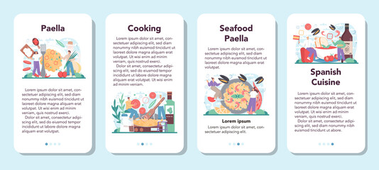 Paella mobile application banner set. Spanish traditional dish with seafood