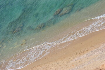 Beautiful seashore in summer. Calm blue sea landscape. Stony and sandy seashore.  Sunny seascape. Netanya city, Israel