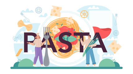 Pasta typographic header. Italian food on the plate. Delicious dinner,