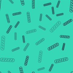 Black line French baguette bread icon isolated seamless pattern on green background. Vector
