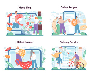 Fresh salad online service or platform set. Peopple cooking organic