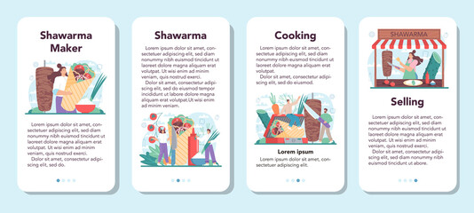 Shawarma street food mobile application banner set. Chef cooking delicious