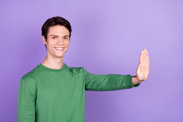 Profile side photo of young guy happy positive smile show hand decline no veto sign isolated over...
