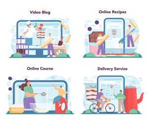 Tiramisu dessert online service or platform set. People cooking delicious