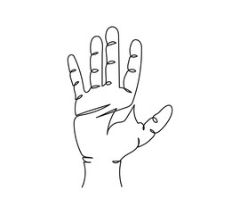 Right hand one line art. Continuous line drawing of gesture, palm, greeting gesture, stop.
