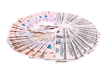 Banknotes of Ukraine and the USA in denominations of five hundred hryvnia and one hundred dollars