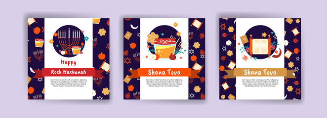 Happy rosh hashanah. Shana tova. Vector banners for social media posts, postcards, greeting cards, and posters. - obrazy, fototapety, plakaty