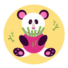 Children's illustration with a panda. Bear. Black and white bear. The panda is holding a bamboo. Bamboo in a pot. Cute panda. Panda icon. Vector