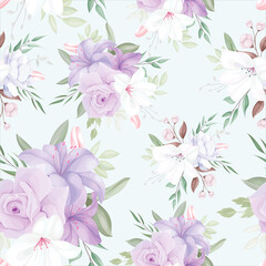 elegant seamless pattern with beautiful white and purple flowers and leaves