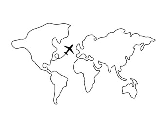 abstract world map drawn by one line with an airplane. vacation and travel concept.