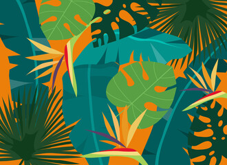 Fototapeta na wymiar Bright tropical background with jungle plants. Exotic background with palm leaves. Vector illustration