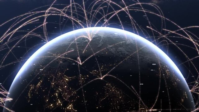 Digital Grid Over the Earth Sunrise. Internet connection by satellites. Global network connection the world abstract 3D rendering satellites. Modern Business and Technology Concept