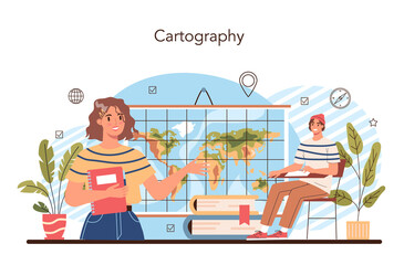 Geography class concept. Cartography. Studying the lands, features,