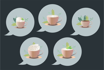 Favorite tastes of coffee. Coffee cups in message chat bubbles. Editable vector illustration